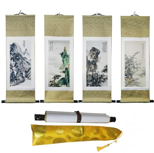 MELLAQUEST 4 Stück asiatische Kunst Wandbehang Gemälde Dekor Vier Jahreszeiten Berge und Gewässer als Set von 4 ländlichen, orientalischen japanischen chinesischen traditionellen Seidenrollen (38,1 x