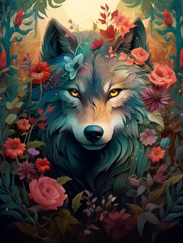 AMBATTERY Knüpfkissen Bunte Wolf Und Blumen Bedruckte Leinwand Wandteppich-Kits Stick-Kits DIY-Häkelgarn-Kits Für Anfänger Erwachsene Kinder Bastelset 35x46in
