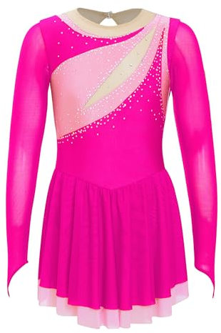 CHICTRY Eiskunstlauf Kleid Mädchen Langarm Rollschuhkleid Strass Glitzer Ballettkleid Farbblock Patchwork Tanzkleid Gymnastik Ice Skating Outfit Hot Pink 122-128