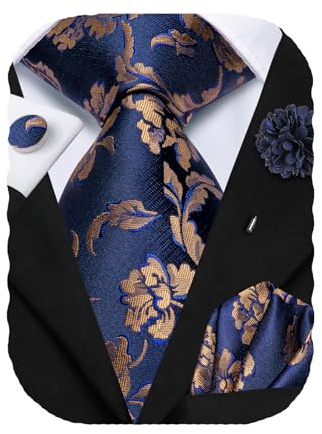 Hi-Tie Seidenkrawatten für Herren, formell, gewebt, Krawatte, Einstecktuch, Manschettenknöpfe, Anstecknadel-Set für Hochzeit, Business, Blau-goldene Blume, M