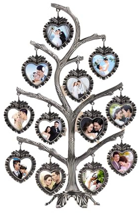 Generic 1 juego de marcos de fotos colgantes para árbol genealógico, marco de fotos en forma de corazón, marco de fotos familiar personalizado para 12 fotos, decoración del hogar (plateado)