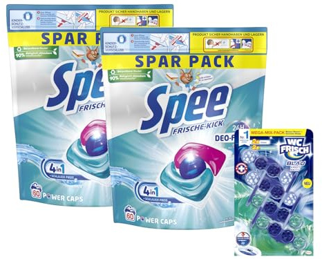 SPEE Power Caps 2x60 (120) WL Frische Kick 24H Deo-Frische Spar Pack, vordosiertes Vollwaschmittel & WC FRISCH Kraft Aktiv Blauspüler Mix Chlor + Ozeanfrische, 1x 200g