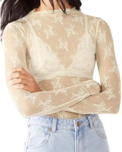 Caziffer T-Shirt Transparent en Dentelle à Manches Longues pour Femme Haut Femme Chic et Élégant Tee Shirt à Col Montant pour Femme Été (Beige, M)