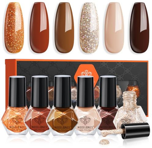 Modelones Nail Polish Set 6 Colors Fall Winter Glitter Orange Brown Quick Dry Nail Varnish Manicure Nail Art Manicure DIY Home Salon for Women