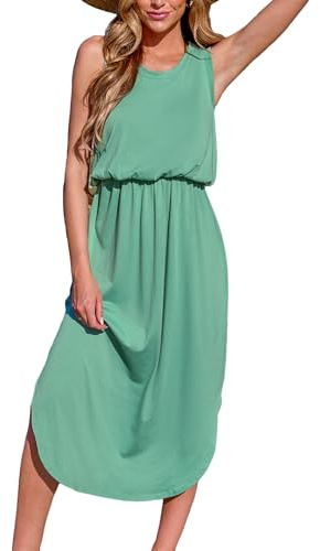 CUPSHE Dam Sommarklänning Stickad Rund Hals Ärmlös Cover Up Kläder Sidaskärning Fritidsklänningar Strand Midi Klänning, Ljusgrön, S