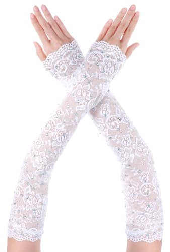 Yolev Lange Fingerlose Spitzenhandschuhe mit Strass Weiß Damen Handschuhe Spitze Lang Formelle Spitzenärmel Braut Hochzeitshandschuhe Teeparty Opernhandschuhe Halloween Karneval Maskerade