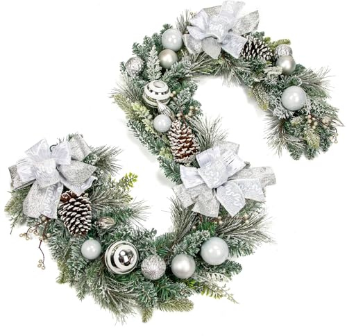 180cm Weihnachtsgirlande mit Dekorative Weihnachtskugeln, Schleife, Tannenzapfen Weihnachtsdeko Türkranz für Feste Advent, Hauswandbehang oder Weihnachtsdekoration