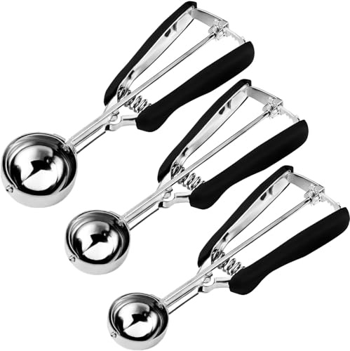 Cookie Scoop Set 3Pcs, Stainless Steel Ice Cream Scoop with Trigger Release - Heavy Duty Cookie Dough Scoop for Baking, 1 Tbsp/2 Tbsp/3 Tbsp Sizes with Non-Slip Handle for Cookies, Melon Ball, Cupcake