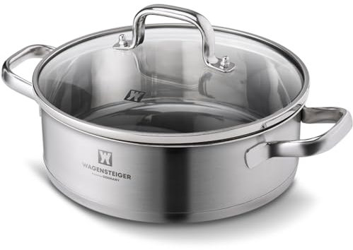 WAGENSTEIGER 4.3 Quart Casserole Pot/Dutch Oven/Saute Pan, 3-Ply Stainless Steel with Aluminum Core, Tempered Glass Lid, Ergonomic Handles, All Cooktops Compatible (9.84 Diameter Casserole)