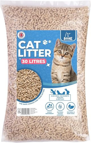 Fur & Bone 1 x 30L Cat Litter - Ultra Absorbent Biodegradable Wooden Pellets, Natural Scent, Odour Control, Soft Bedding for Comfort, Made from Virgin Wood - Scandinavian Timber Aroma