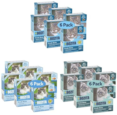 Bozita Atlantischer Ozean Katzenfutter Mix - Dreierlei aus dem Meer mit Makrele, Saibling & Schellfisch für eine gesunde Katzenernährung - 3 x 6 Häppchen in Gelee und Sauce für wählerische Katzen