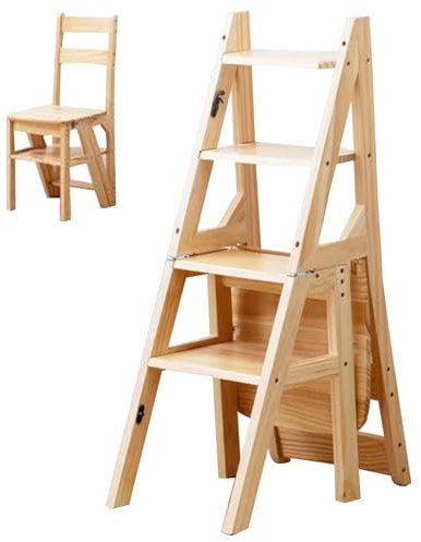 Step Stool Ladder Wood Folding Chair Stepladder Foldable Small Ladder Stool Flower Racks Desk Chair Dining Chair Four-step Climbing Ladder Home Garden Tools(Wood colorB)