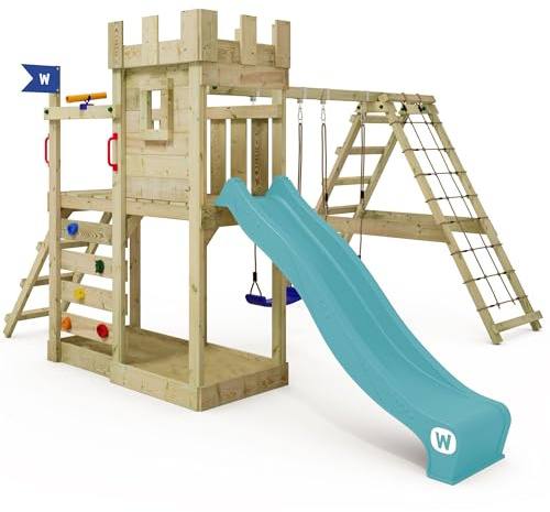 WICKEY Tour de Jeu Structure d'escalade château GateFlyer avec balançoire & Toboggan, Tour d'escalade extérieure pour Enfants avec bac à Sable, échelle & Accessoires de Jeu (Turquoise)