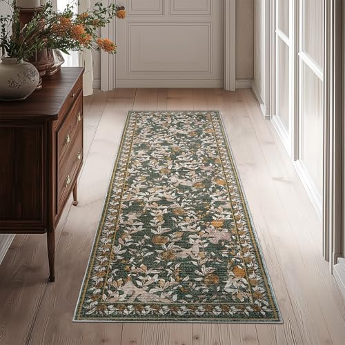 TOPICK Blume Flur Waschbar Küche Kurzflor Retro Vintage Orange-Grün Romantisch Teppich 90x150cm Antibakterieller Faltbar rutschfest Teppich für Brücken Schlafzimmer Wohnzimmer Flur Eingangsbereich