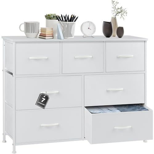 DUMOS Kommode für Schlafzimmer mit 7 Stoffschubladen hohe Kommode Organizer für Kleidung Schrank Kinderzimmer Aufbewahrungsturm mit Schrank Metallrahmen Holzplatte leichte Kinderzimmermöbel