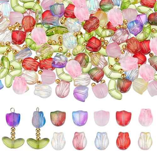 arricraft 600 Pcs Colorful Translucent Tulip Flower Beads, Handcrafted Crystal Glass Tulip Spacer Loose Flower Beads for Jewelry Making Earring Bracelet DIY Craft Spring Summer