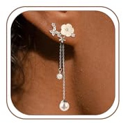 HARJJME Blommor örhängen guld silver 925 hängande kvinnor 14K guldpläterade långa örhängen pärlor hängande allergivänliga öglor plugg smycken gåvor för kvinnor förlovning bröllop, Mittel, Koppar
