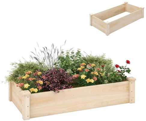 HOMASIS Orto Rialzato da Esterno in Legno di Pino, Vaso per Piante con Fondo Aperto, Fioriera da Giardino per Fiori, Verdure e Erbe da Balcone o Terrazza, Naturale (120 x 61 x 25,5 cm)