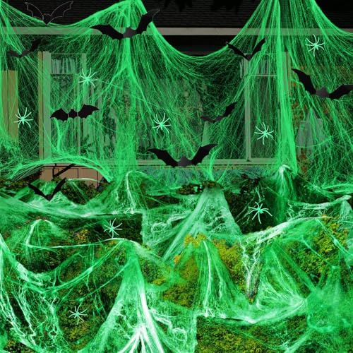 Johiux Halloween Deko Spinnennetz Leuchtend mit 30 Stück Nachleuchtende Spinnen 24 Stück Fledermaus,Halloween Dekoration für Garten Rasen Outdoor Innen