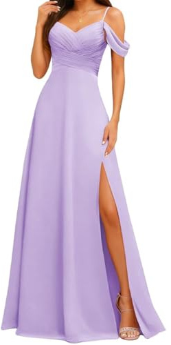 Abiti da damigella d'onore con spalle scoperte per matrimonio con spalline sottili in chiffon formale abito da sera con fessura AH179, Lilla, 42