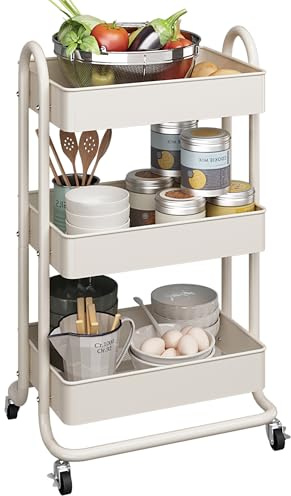 MIOCASA 3-Tier Metal Utility Rolling Cart, Heavy Duty Multifunction Cart with Lockable Casters, Easy to Assemble, Suitable for Office, Bathroom, Kitchen, Garden