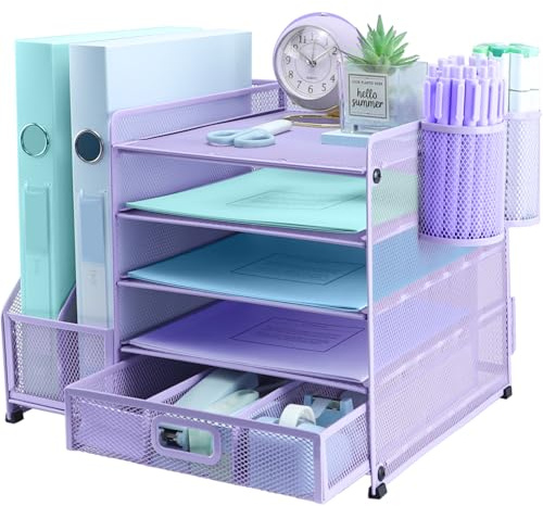TSDRBWO Organisateur de bureau avec porte-documents, 2 porte-stylos, bac à lettres à 5 niveaux avec tiroir, rangement de bureau en maille avec porte-magazine pour fournitures de bureau, violet
