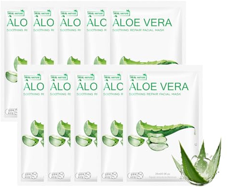 10er Aloe Vera Maske, Feuchtigkeitsspendende Aloe Vera Tuchmasken Gesicht, Beruhigende Gesichtsmaske, Feuchtigkeitsmaske Gesicht, Aloe Sheet Mask für trockene, fettige und empfindliche Haut