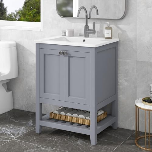 Ojiuboo, Tocador individual con armario inferior, lavabo de pie de cerámica brillante, armario inferior impermeable gris claro, adecuado para baño de invitados y baño principal, gris claro