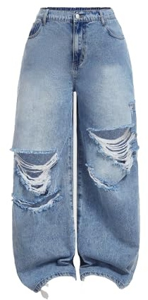 Vaimti Plus Size Wide Leg Distressed Jeans,Relaxed Fit, Ripped Design, Casual Style (US, Alpha, 2X, Plus, Regular, Blue)