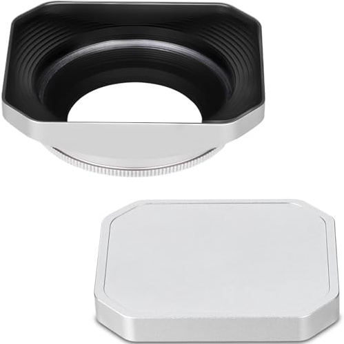 Haoge Squaret Metall Objektivblende for Fujifilm XF23mm F2.8 on XE5 Kamera Body kit & Fujinon XF27mmF2.8 R WR Objektive,with Metallldeckel,39mm Schraubbar Hood Silver