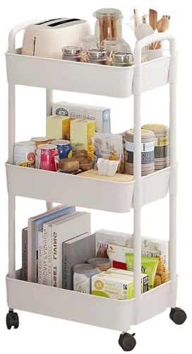 YiZhou 3-Tier Storage Trolley on Wheels with Handle, Metal & Plastic Kitchen Utility Cart, Slim Rolling Mobile Shelving Organizer for Bathroom, Office, Laundry, Bedroom, Narrow Spaces(White)