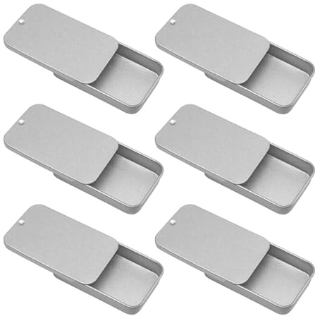 Funngy Small Tins,6 PCS Small Rectangular Tin with Slider Lid Metal Tin Box Silver Mini Empty Tins Portable Pocket Size Box for Everyday Carry Reusable for Favour Lip Balm Coin