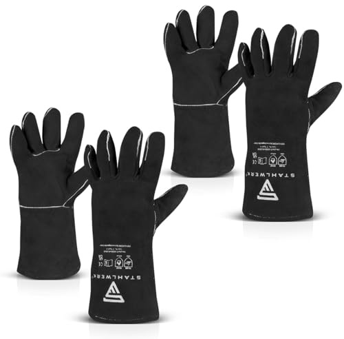 STAHLWERK Lot de 2 gants de protection contre la chaleur extra robustes - Gants de travail - Gants de soudeur - Gants résistants à la chaleur en cuir fendu de qualité supérieure pour le soudage