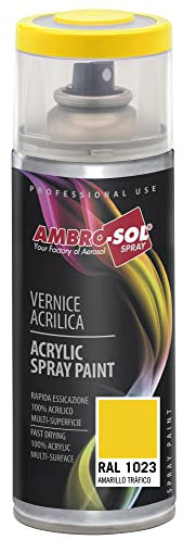 Ambro-Sol V4001023 Smalto Acrilico Multiuso, Vernice Brillante per Interni ed Esterni, Adatto per Qualsiasi Tipo di Materiale, Bomboletta Spray in Banda Stagnata Riciclabile da 400 ml, Giallo Traffico