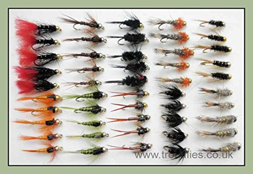 Goldkopf Nymphe Forellenfliegen, 50 Stück, 10 Sorten, gemischt 10/12, Fliegenfischen