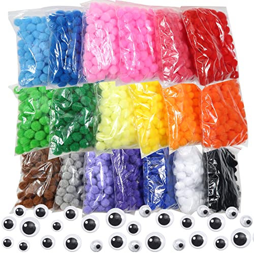 TOAOB 2000 Stück Bunte Pompons zum Basteln 10mm Filzkugeln Bunt Klein Pom Poms Deko Flauschigen Plüsch set Bälle Kunst Bommel mit 100 Stück Selbstklebend Wackelaugen für Lustige DIY Kreative Handwerk