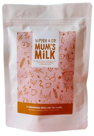 Nipper&Co, Mums Milk Breastfeeding Tea (14 Reusable Bags = 42 Cups) Breastmilk Tea Pillows for Nursing Mothers, Natural Whole Leaf Breast Feeding Teabags, New Mum Gift Baby, Nipper & Co