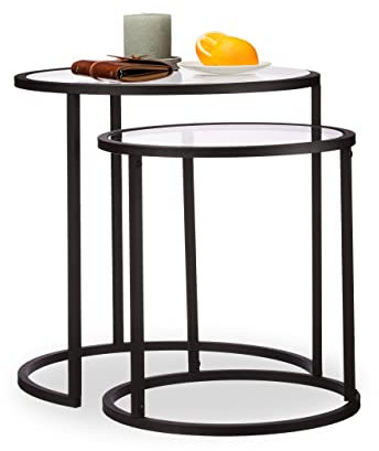 Relaxdays Beistelltische 2er Set, Satztisch, Sofatisch, mit Glasplatte, untereinander passend, HBT 50,5x50x50cm, schwarz