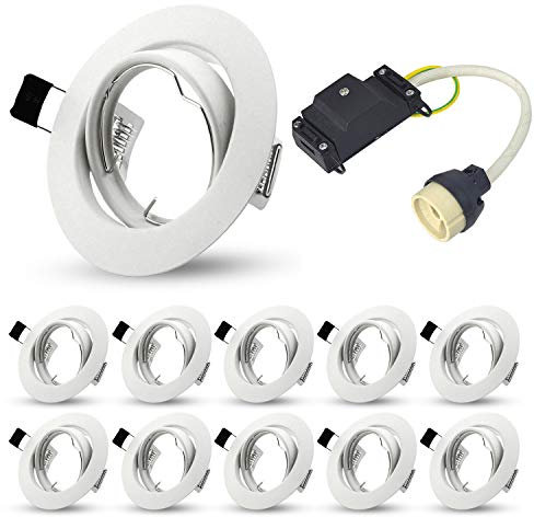 Projecteurs spot encastrable GU10 Set, cadres de montage pour spot encastrable, Douilles en céramique GU10 avec connectique automatiques, 230V, Blanc, Rond, Ø 75 mm, lot de 10