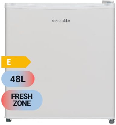 UNIVERSALBLUE Minibar Blanco 48L | Nevera Pequeña con Zona Fría 0 a -3ºC | Refrigerador Mini Silencioso | Control Mecánico | Frigo Bajo Consumo | Puerta Reversible | 1 estante y 2 cestas