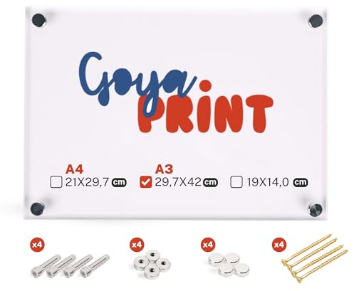 GOYAPRINT Doble Placa Metacrilato Transparente 29,7x42 cm A3 5+5 mm | Marco de Metacrilato con Tornillería y Embellecedores | Soporte de Acrílico Transparente para Carteles y Señalización