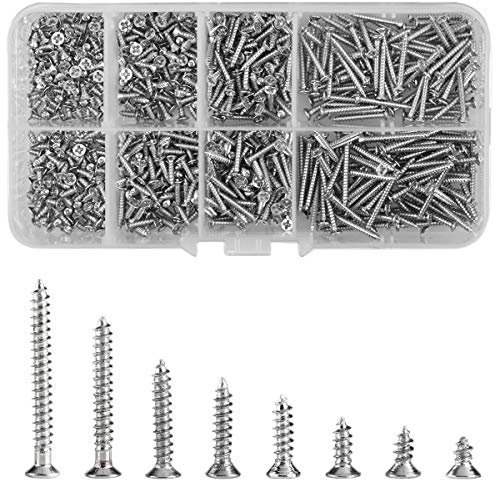 800pz M2 Viti Autofilettanti in Acciaio Inox, Testa Svasata Piatta, Assortimento in 8 Misure per Legno, Croce Filettati, 4-20mm