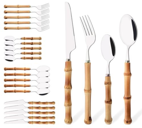 Uniturcky Bamboo Handle Silverware Set, 24-Piece Flatware Set for 6, Stainless Steel Cutlery Eating Utensils Include Forks Spoons and Knives for Daily Use and Party, Reusable and Modern Design
