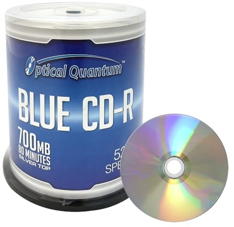 Optical Quantum Blue AZO CD-R 700MB 52X Shiny Silver Blank Recordable Media Disc - 100pk Cake Box, 100 Discs for Music, Data, and Video Recording, Writable Blank CDs