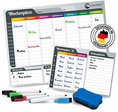 CREATEST Magnetischer Wochenplaner | Abwischbare Familien-Tafel | Großes Magnetboard [40x30cm] inkl. Speiseplan | Haushaltsorganisation für Kühlschrank | Mit 4 Tafelstiften & Abwischschwamm