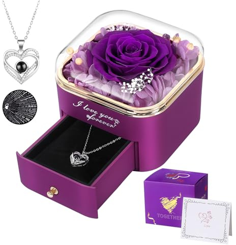 Firestyle Preserved Purple Real Rose with I Love You Necklace in 100 Languages-Eternal Flowers Rose Gifts for Women Mum Wife Girlfriend on Christmas Valentines Day Mothers Day Anniversary Birthday