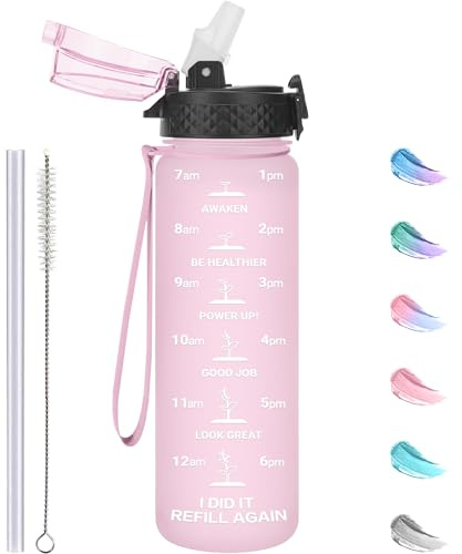 GOPPUS Botellas de agua para niños 500ml/17oz con pajita sin BPA Botella bebidas a prueba de fugas para la escuela Niña Niño Botella agua Tritan deportiva reutilizable pequeños con marcas de tiempo