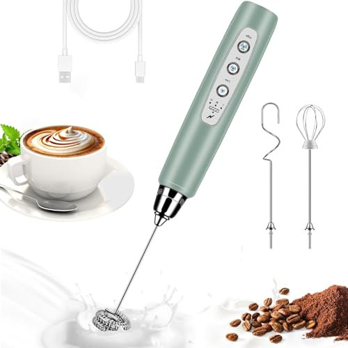BSRGMS Milk Frother Handheld for Coffee, Electric Whisk 3 Speed Adjustable, Drink Mixer with Stainless 3 Whisk, Rechargeable Hand Frother Wand, Foam Maker for Latte Cappuccino Matcha Egg Morandi Green