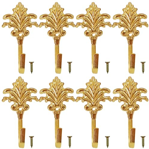 Jaczora 8 PCS Decorative Leaves Iron Hooks,Wall Mounted Metal Coat Hooks,Vintage Gold Hook Key Holder Coat Hanger for Entryway Bathroom Bedroom Farmhouse Decoration