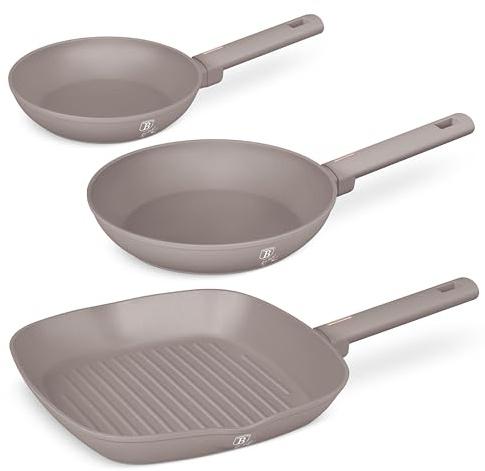 Berlinger Haus Juego de Sartenes Antiadherentes 3 Piezas, Fabricadas en Aluminio Forjado para Cocinas de Inducción, Mango Ergonómico, Libre de PFOA, de la Colección Taupe